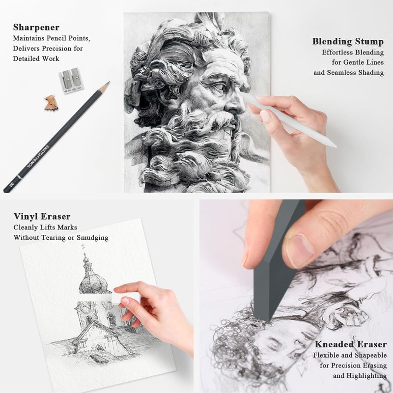 Aenir Sketch Pencils for Drawing, Drawing Pencils Set of 18, 10B–4H Graphite Pencil, Vinyl Eraser, Kneaded Eraser, Sharpener, Blending Stump,Sketch Set for Artists, Art Supplies. - Image 3